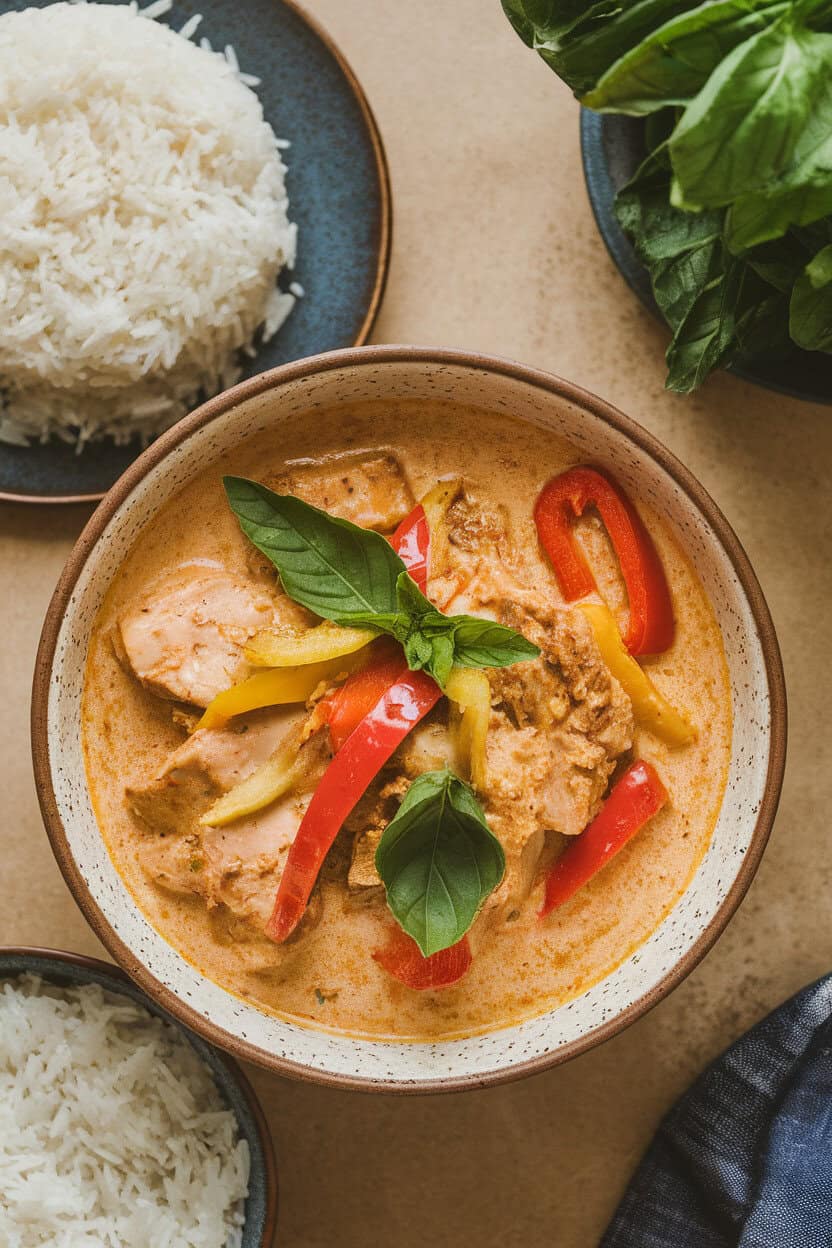 Indoor tabletop scene with a deep bowl of creamy red curry filled with turkey chunks, bell peppers, and basil leaves, served alongside steamed jasmine rice, no text or logos.