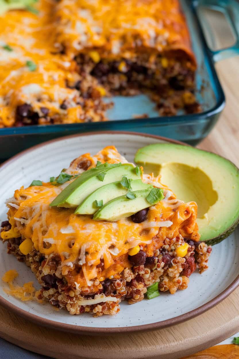 An indoor shot of cheesy quinoa enchilada casserole scooped onto a plate, avocado garnish, no text or logos.