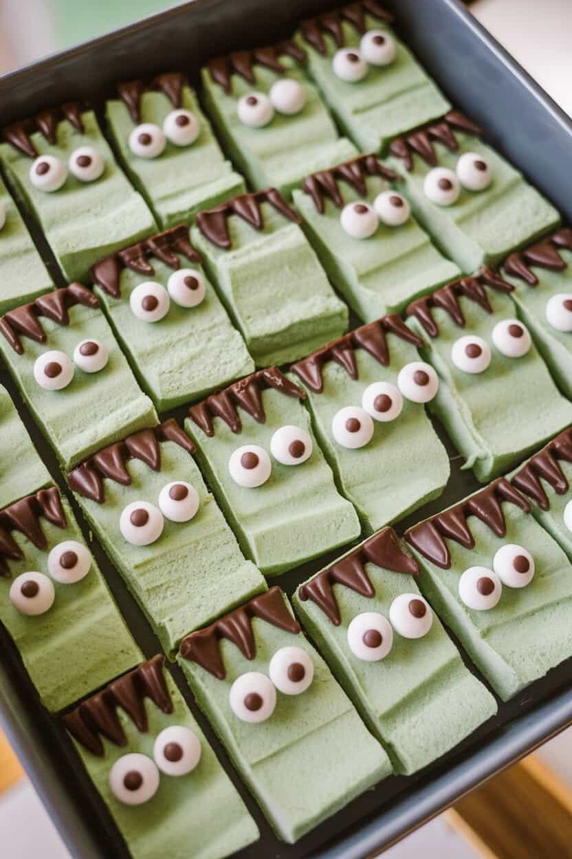 Photo, not illustration. Indoor tray filled with green-tinted marshmallow cereal bars cut into rectangles, each decorated with chocolate hair and candy eyes like friendly Frankensteins. No branding.