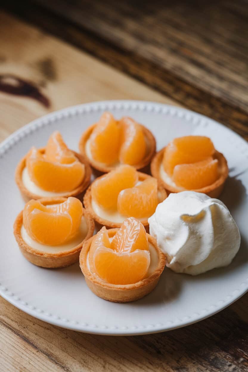 Photo prompt: Indoor dessert plate featuring mini almond custard tarts topped with glossy mandarin segments, no text or logos.