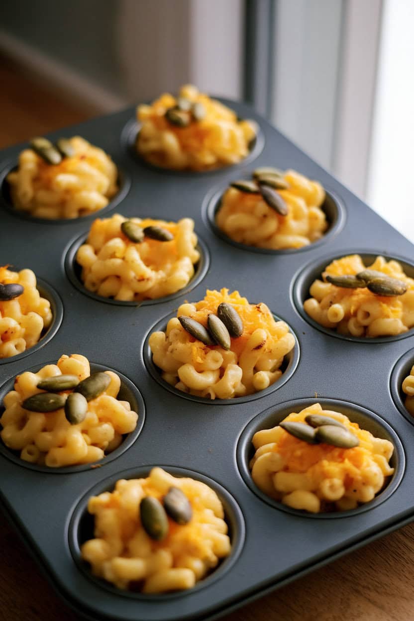 A muffin tin indoors holding individual mac & cheese bites, lightly browned on top, each garnished with a roasted pumpkin seed. No text or logos. Photo only.