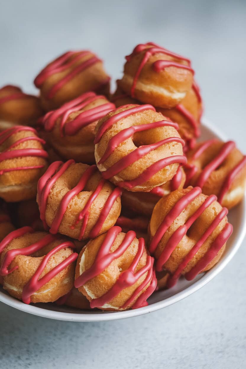 Photo, not illustration. Indoor bowl piled with apple cider donut holes drizzled in red candy coating for a candy-apple look, no branding.