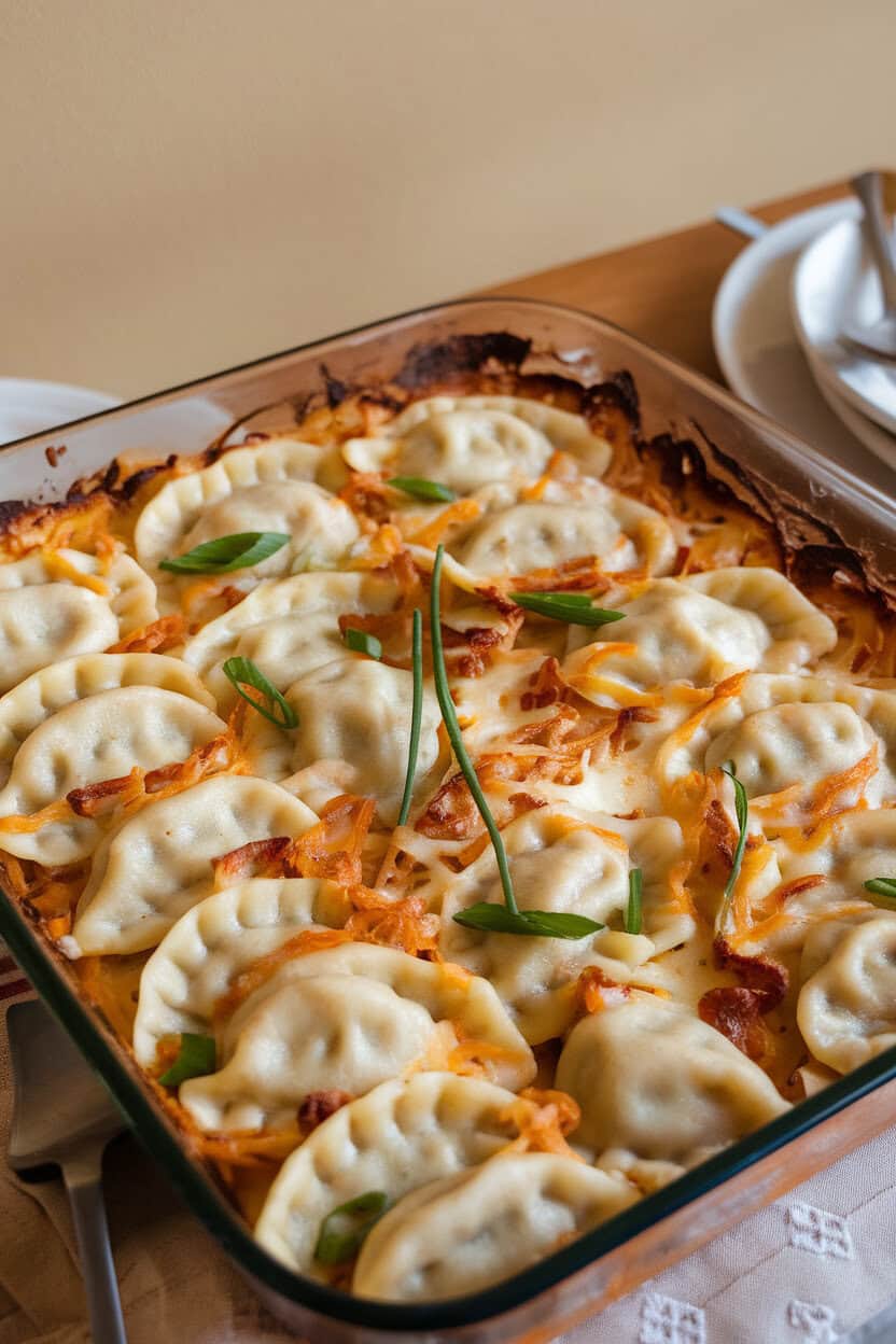 Indoor dining table displaying a creamy pierogi casserole with layers of potato dumplings, onions, and melted cheese. Photo only, no text or logos.