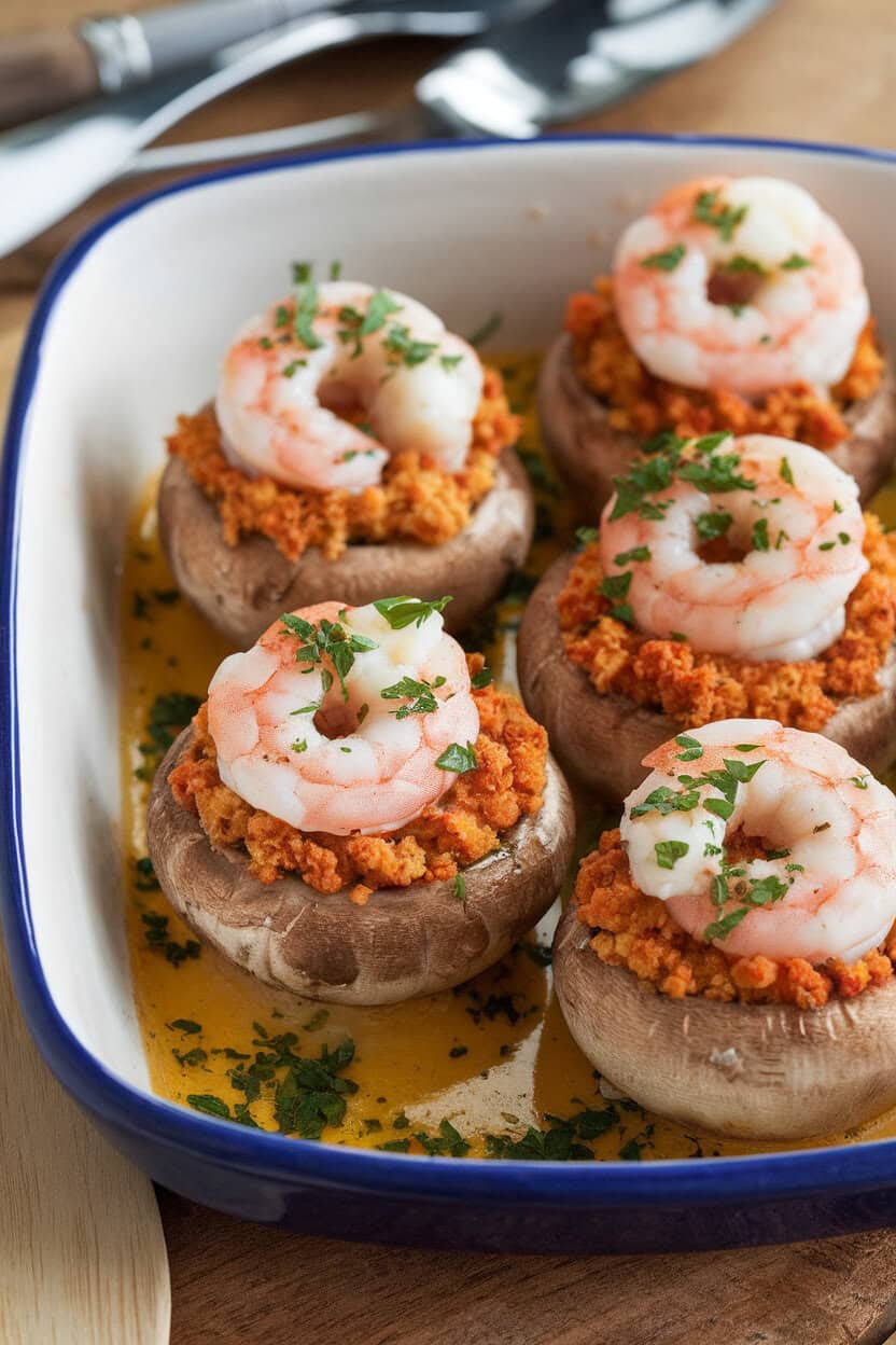 Photo of an indoor ceramic dish with shrimp-topped stuffed mushrooms glistening in garlic butter, parsley scattered around. No text or logos.