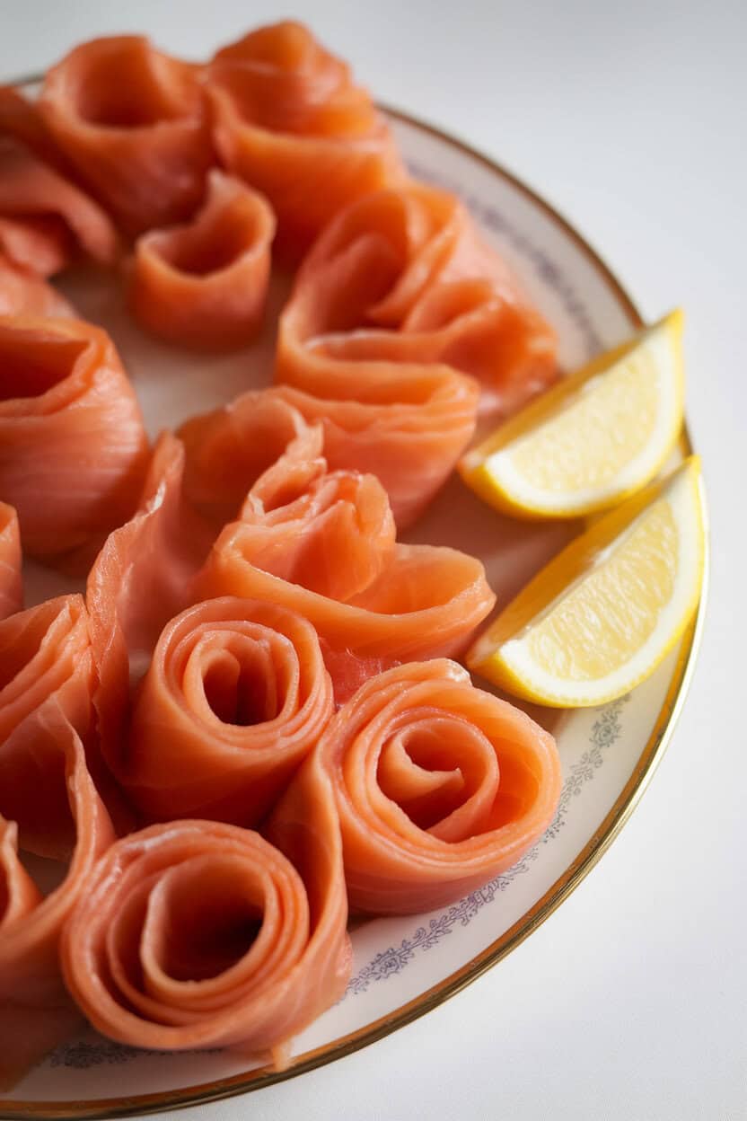 Indoor photo of silky smoked salmon ribbons arranged on a chilled porcelain plate with lemon wedges on the side. No text or logos, no raw fish.