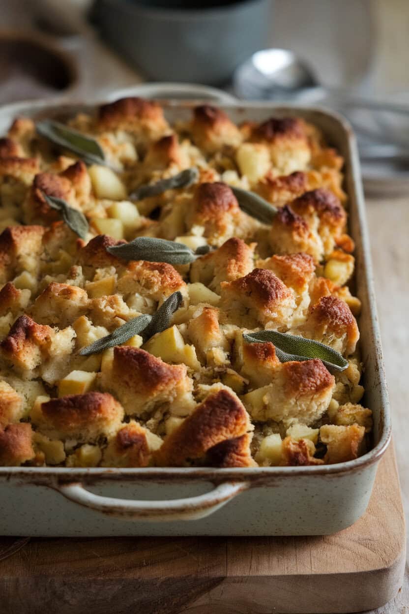 A rustic indoor baking dish brimming with sourdough stuffing, visible apple chunks and sage leaves, crunchy browned edges. No text, no logos. Photo.</Prompt