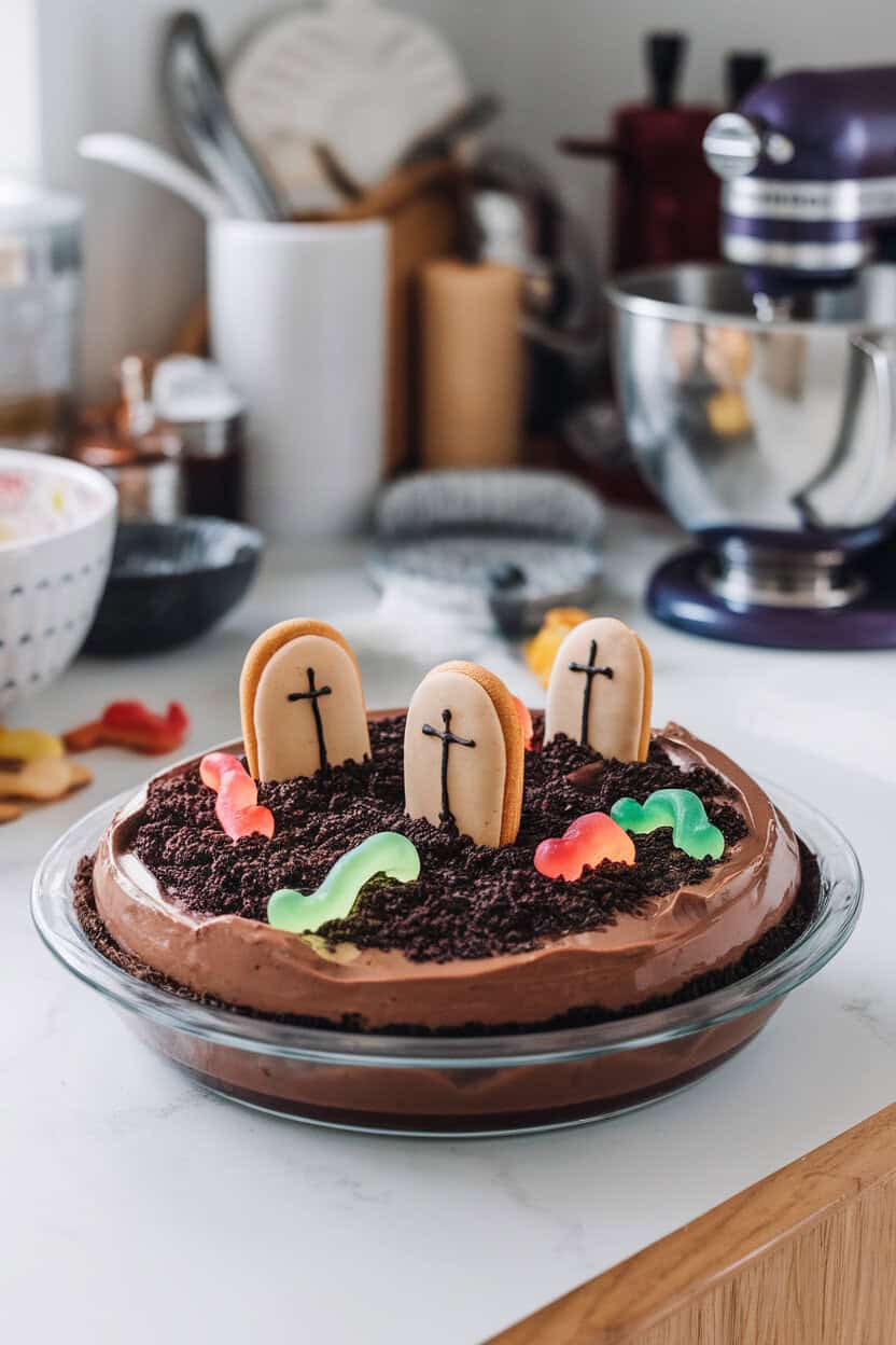Photo, not illustration. Indoor pie dish containing chocolate pudding pie topped with cookie crumb “soil,” cookie tombstones, and gummy worms. No logos, homey kitchen lighting.
