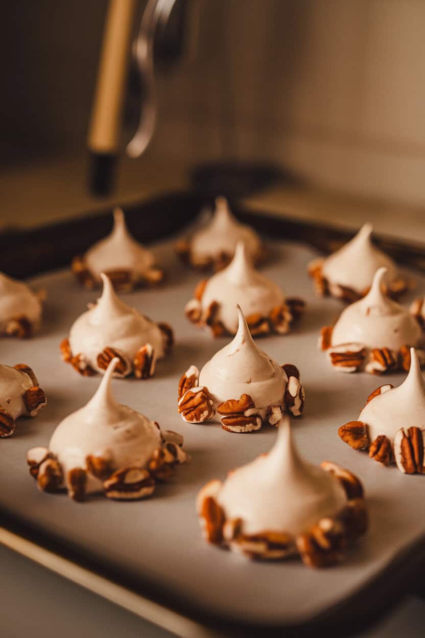 Photo prompt: Indoor baking sheet of light-brown meringue kisses studded with pecan pieces, glossy finish under warm light, no text or logos.