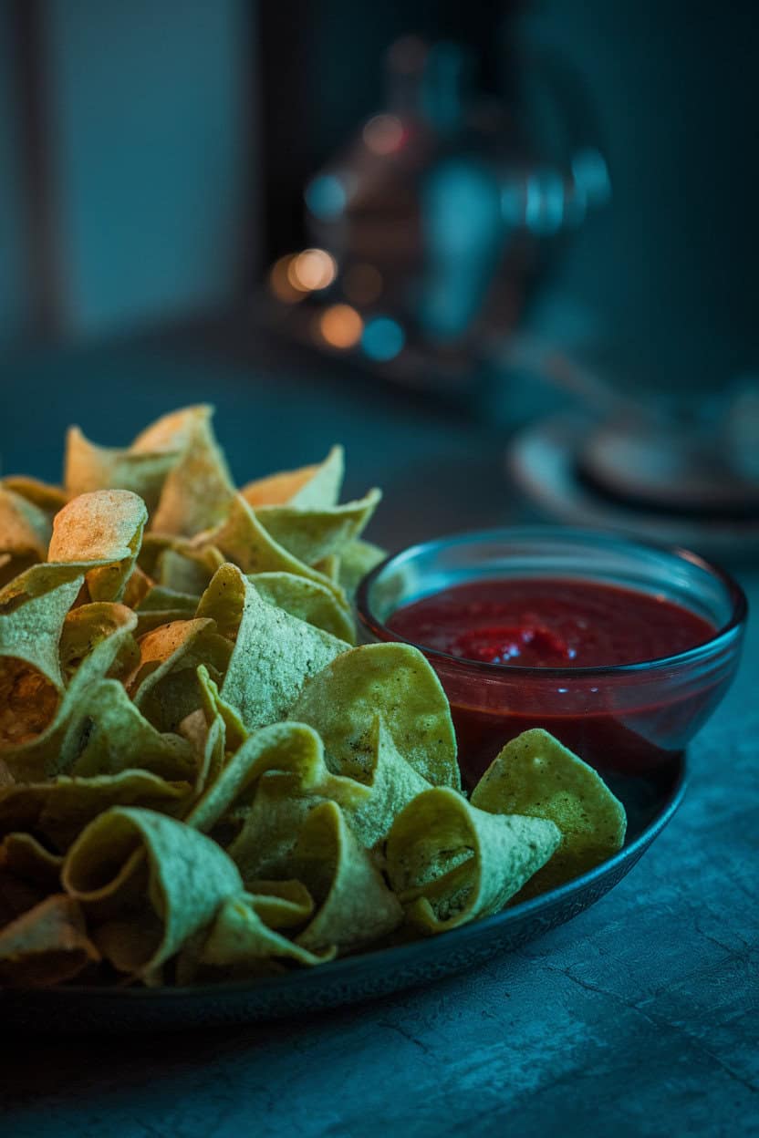 Photo, not illustration — indoor platter of green-tinted baked tortilla chips curling at the edges, side bowl of deep red salsa; dim dramatic lighting, no text or logos