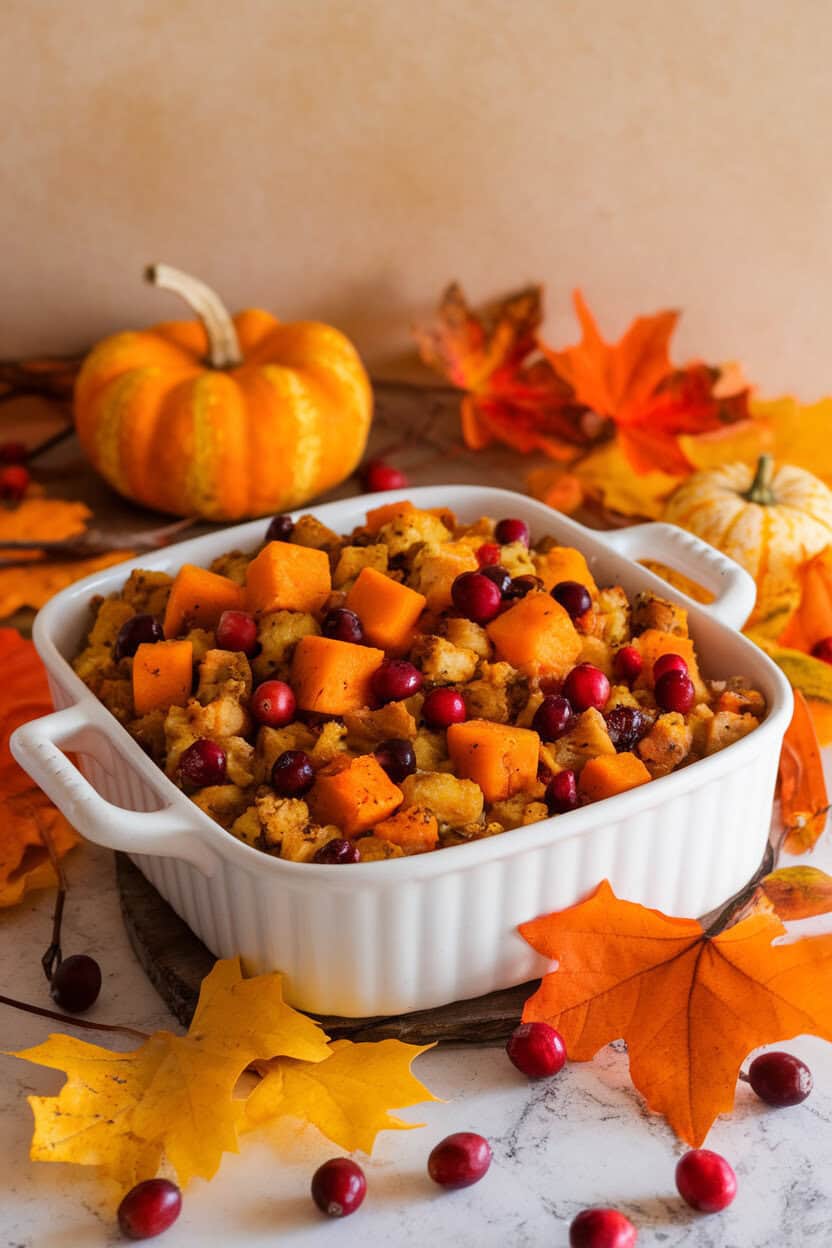 An indoor autumn-themed table showcasing stuffing with orange pumpkin cubes and red cranberries in a white casserole dish. No text or logos; photo only.