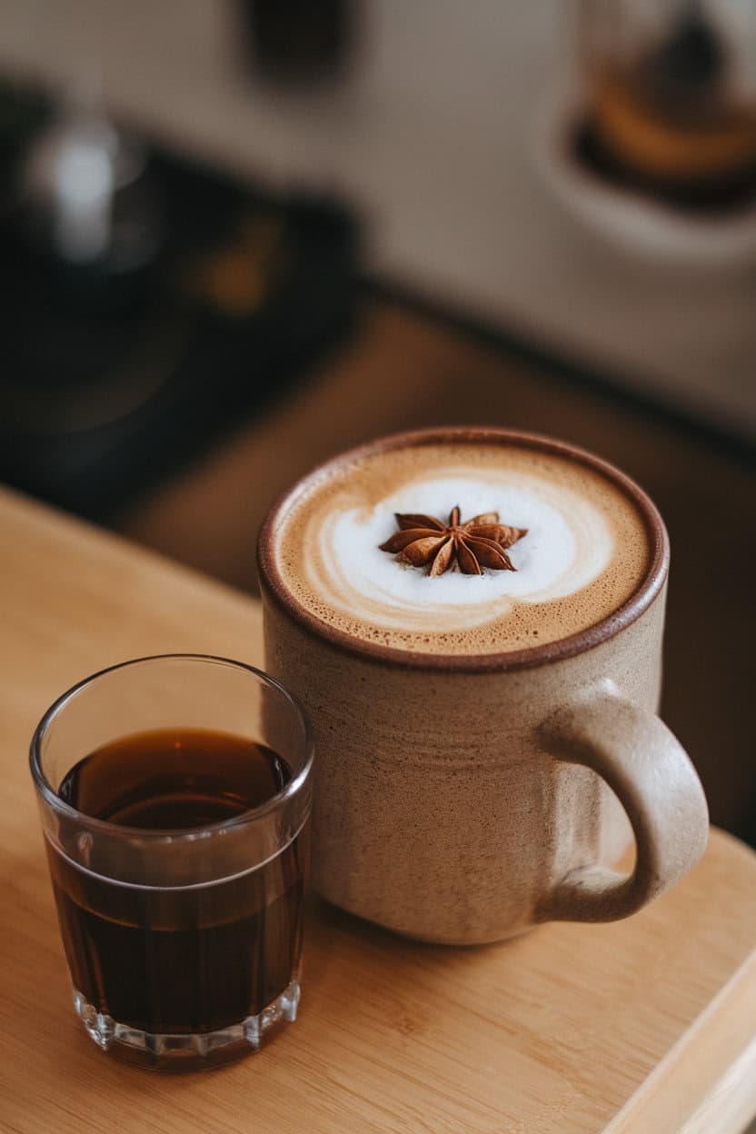 Photo of a ceramic mug indoors, frothy chai latte with star anise on foam, small glass of dark rum beside. No text or logos.