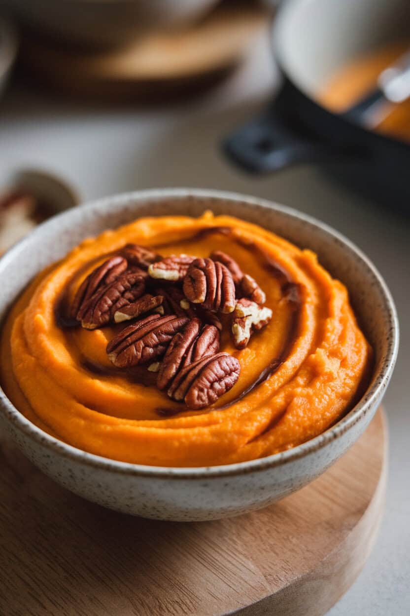 A close-up indoor shot of a bowl filled with silky orange sweet potato puree, a drizzle of nutty brown butter and a scatter of toasted pecans over the top. No text or logos anywhere in frame. Photo.</Prompt