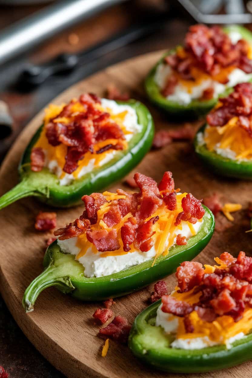 A close-up indoor photo of small hollowed jalapeño rounds stuffed with cream cheese and cheddar, bacon crumbles on top, baked until bubbly. No text or logos visible.