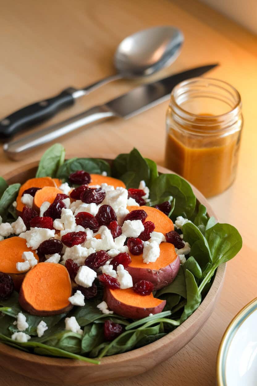 Indoor scene with a bowl of baby spinach topped by roasted sweet potato rounds, dried cranberries, and crumbled feta, maple vinaigrette glistening. No logos. Photo.