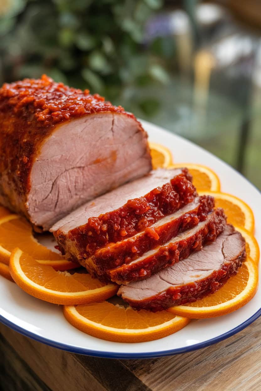 Indoor plate showing pork loin slices glazed in deep red chipotle-orange sauce, thin orange slices on the rim; no text or logos.