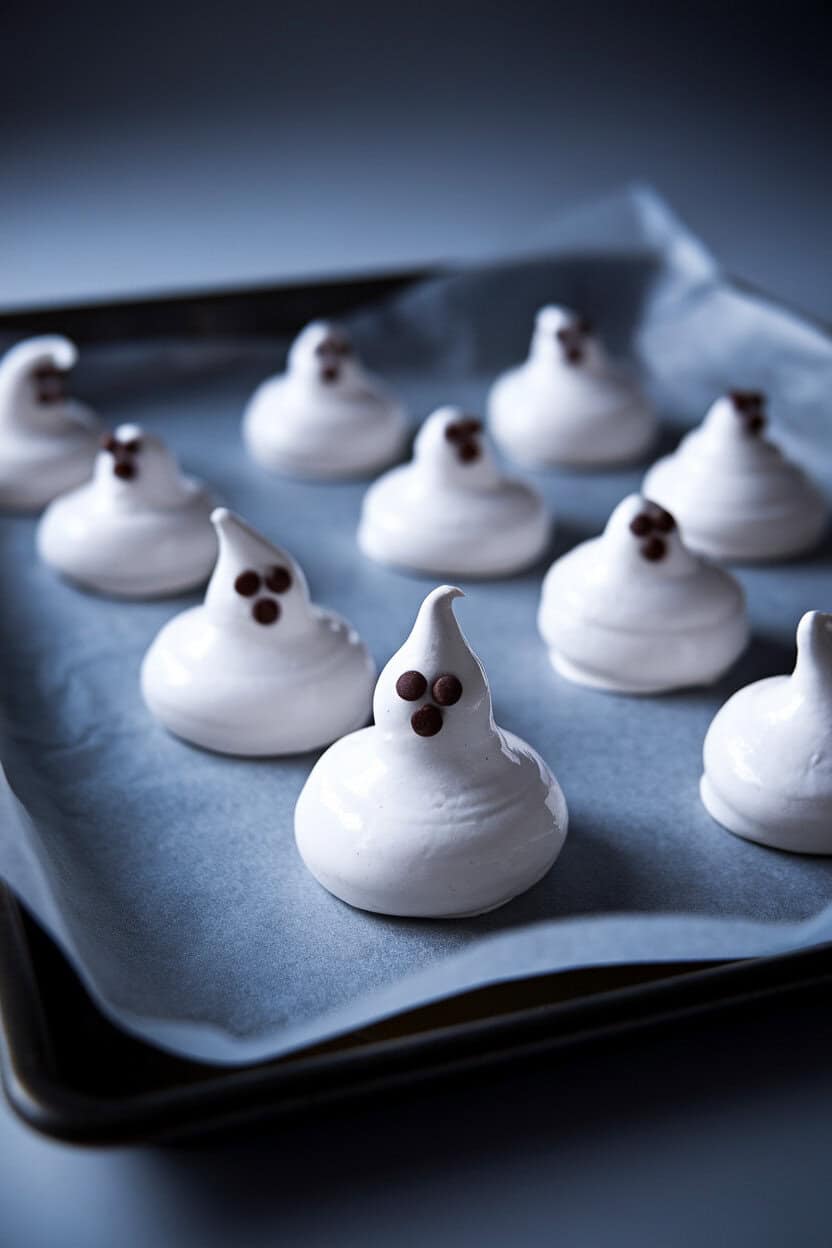 Photo, not illustration. Indoor baking sheet lined with parchment holding glossy white meringue ghosts with mini chocolate chip eyes. Soft directional light, no branding.
