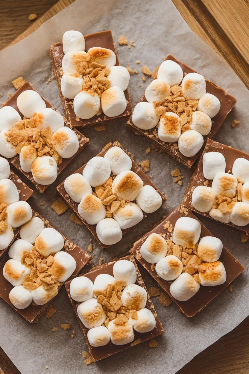 Indoor photo of cracker toffee squares topped with mini toasted marshmallows and crushed graham crackers, set on parchment. No text or logos.