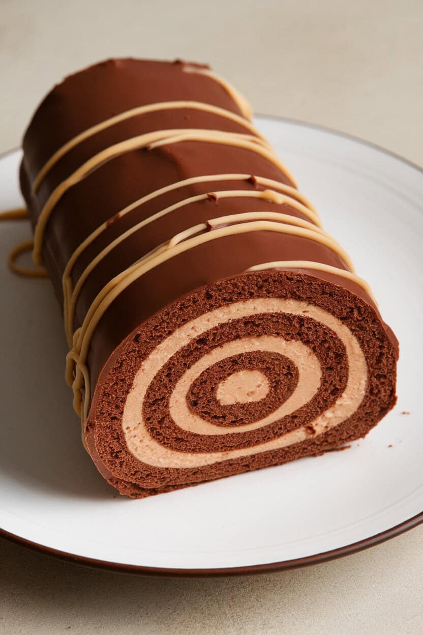 Indoor photo of a chocolate sponge roll filled with hazelnut cream, exterior coated in ganache, diagonal slice revealing spiral, no text or logos