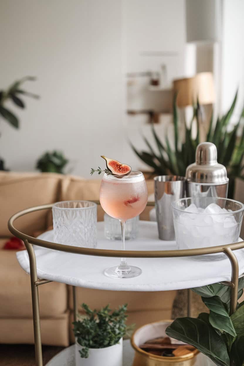 Indoor cocktail cart with stemmed glass of light rose-colored spritz, halved fig on rim, thyme sprig inside; no logos