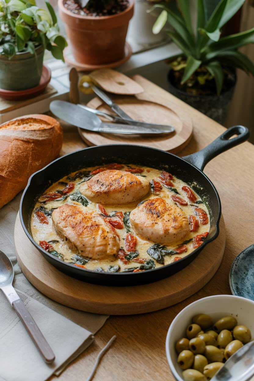 Cozy indoor dining table with a skillet of seared chicken breasts nestled in a creamy sauce dotted with sun-dried tomatoes and spinach. Steam wafts gently upward, no text or logos.