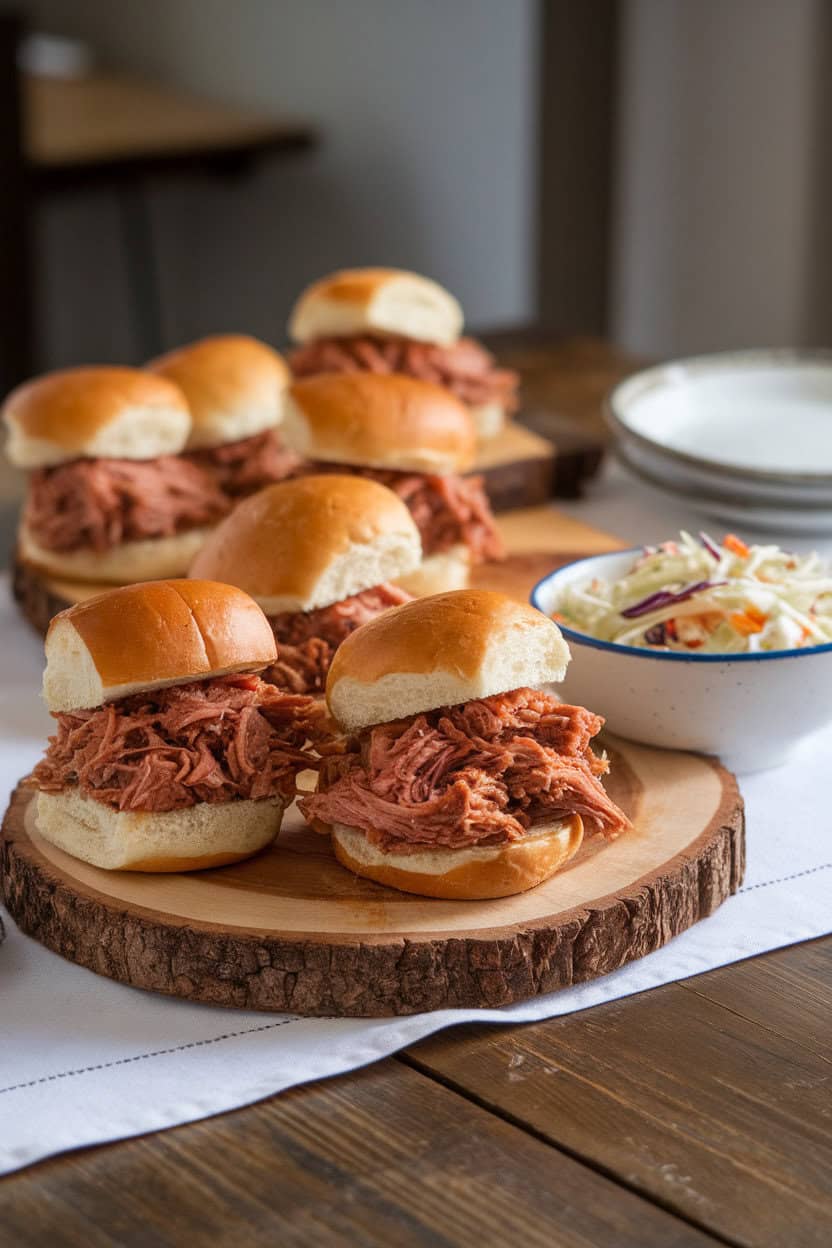 An indoor dining table showcasing mini brioche buns piled high with saucy pulled pork, coleslaw on the side. No text or logos.