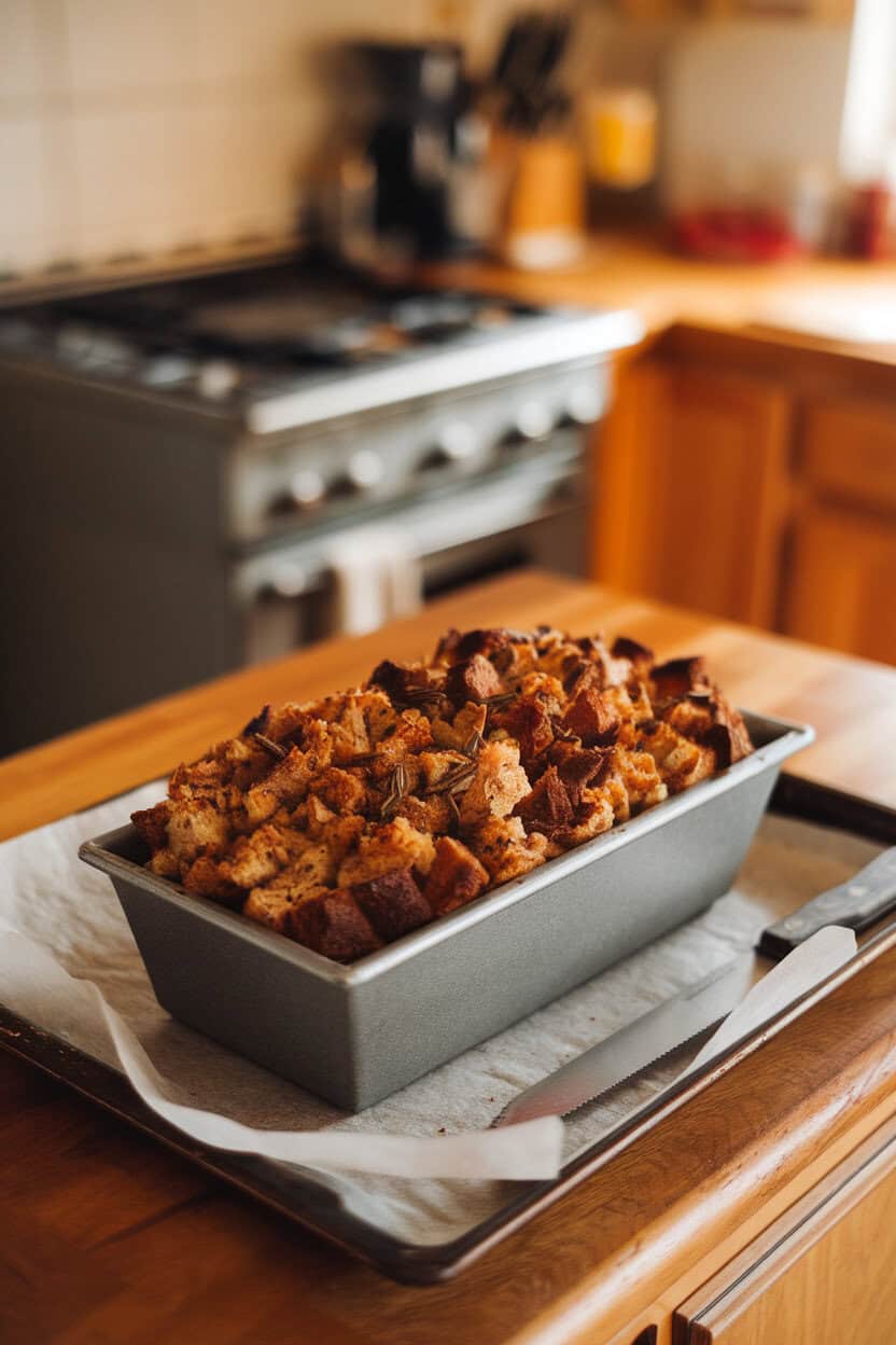 An indoor kitchen island with a loaf-pan stuffing featuring rye bread chunks and visible caraway seeds, warm ambient light. No text or logos; photo only.