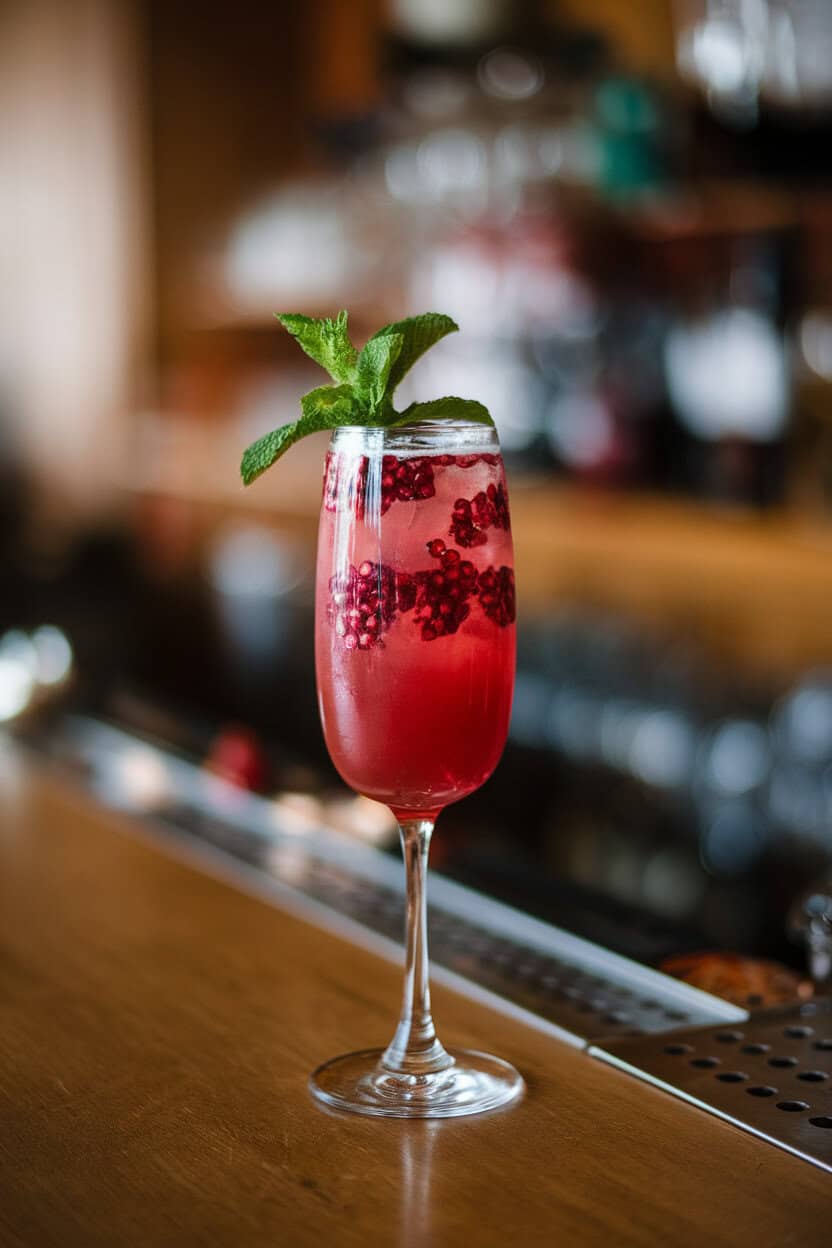 Photo of a stemless flute holding a crimson pomegranate cocktail topped with bubbly wine, garnished with floating arils and a sprig of mint on an indoor wooden bar. No logos or text visible.