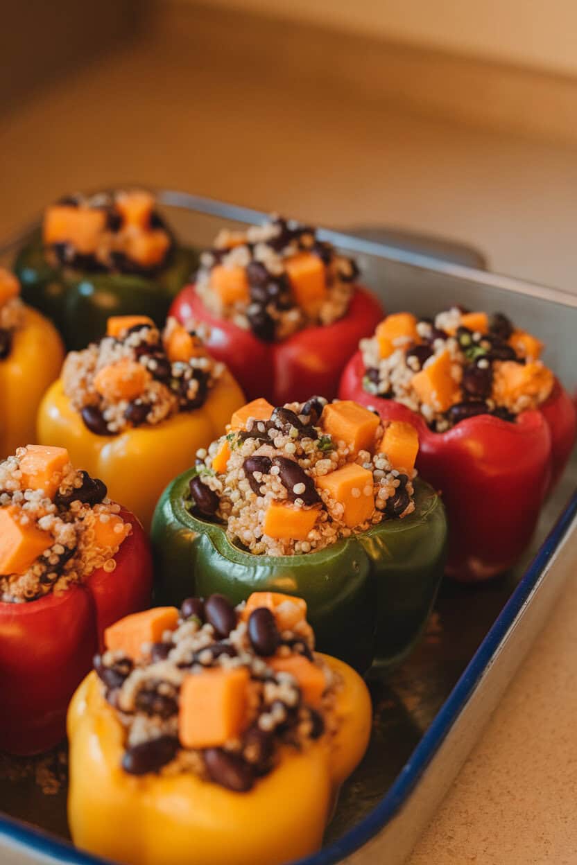 Photo of colorful bell peppers filled with quinoa, sweet potato cubes, and black beans, arranged in a baking dish on an indoor countertop. No text or logos.