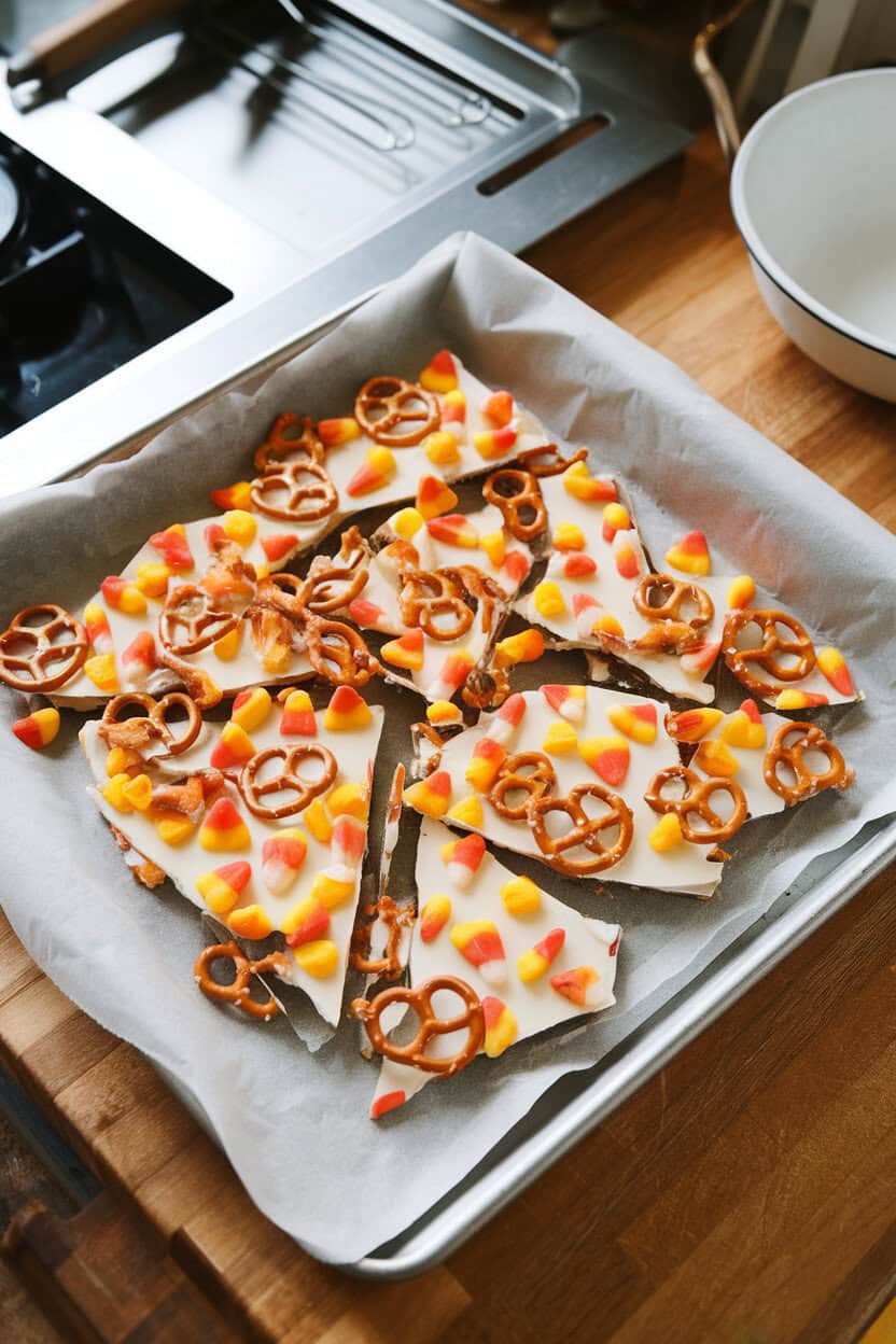 An indoor kitchen island with a parchment-lined tray of white-chocolate bark studded with broken pretzels and candy corn pieces. Overhead lighting; no text or logos.