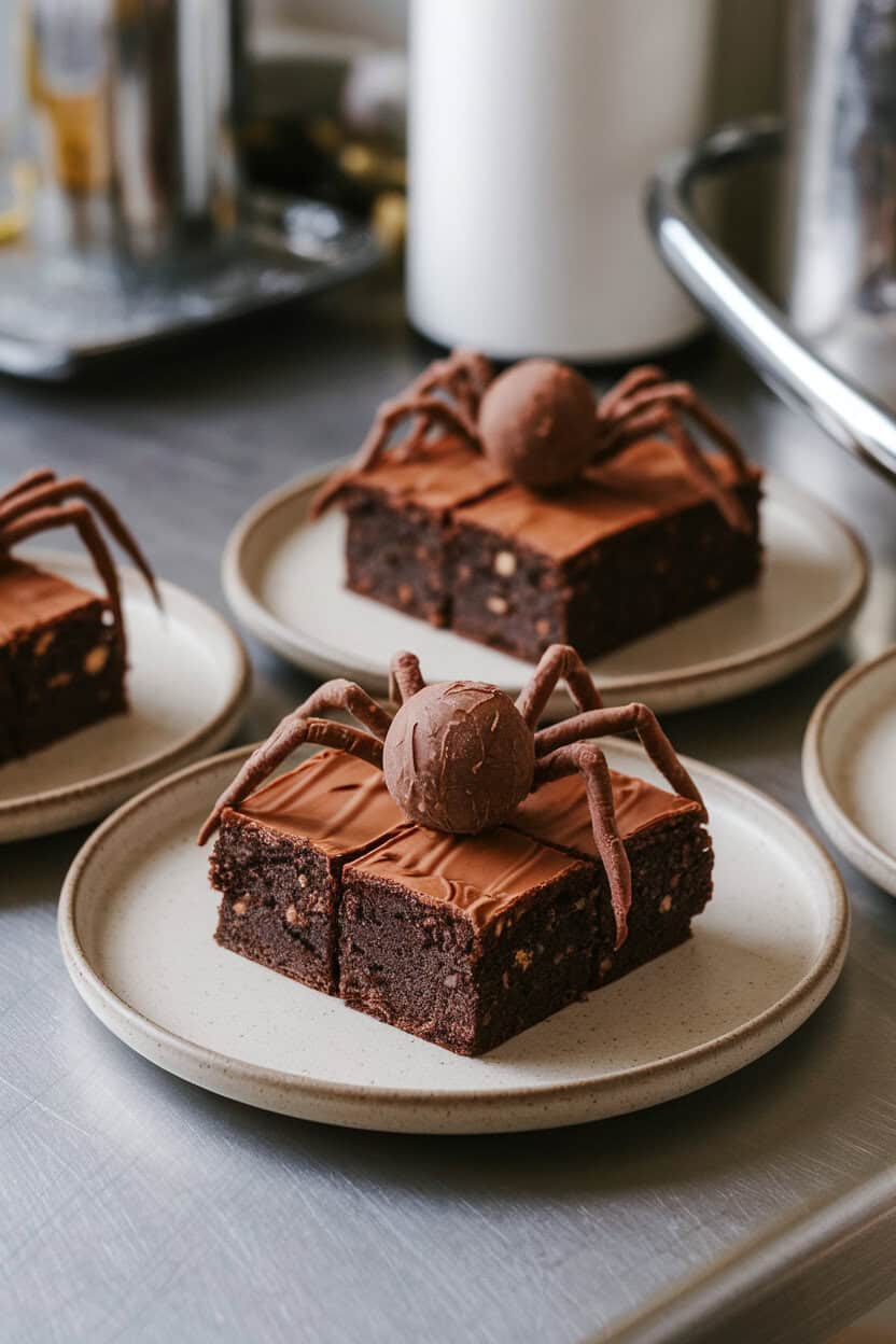 Photo, not illustration. Indoor kitchen countertop showcasing fudgy brownies cut into squares, each topped with a chocolate truffle “spider” and piped chocolate legs. Neutral plates and no visible branding.