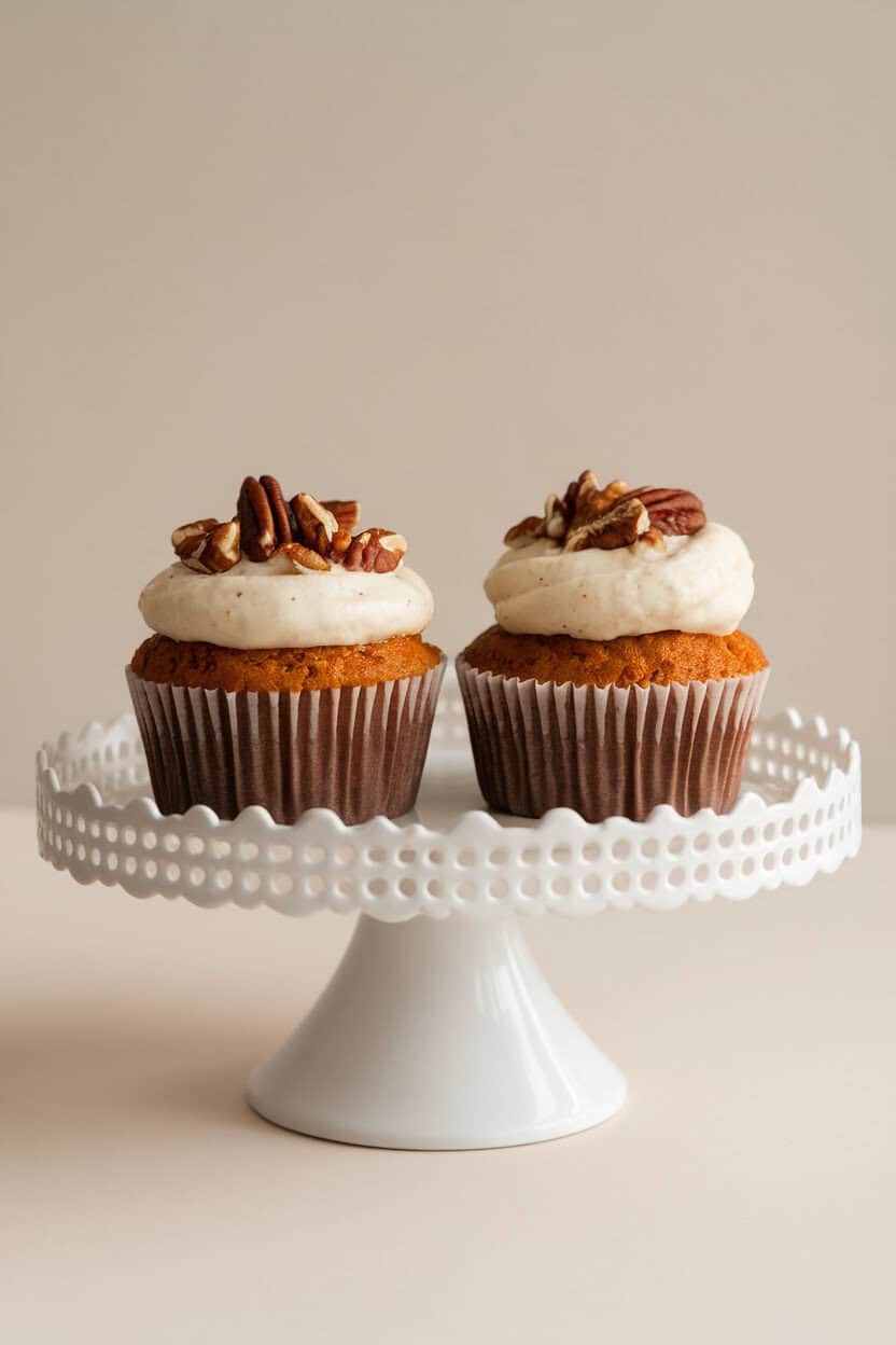Indoor photo of carrot cupcakes with cream cheese frosting and a pinch of chopped pecans, placed on a white cake stand. No logos or text.