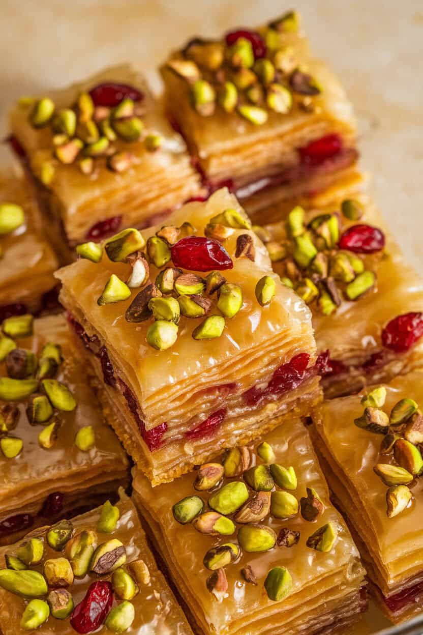 Small baklava squares layered with pistachios and cranberries, honey glaze glistening under indoor light. No text or logos. Photo, not illustration.