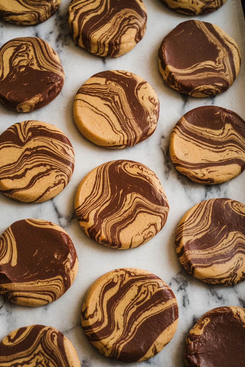 Indoor photo of marble-patterned cookies combining chocolate and tahini dough on a baking sheet; warm lighting, no branding.