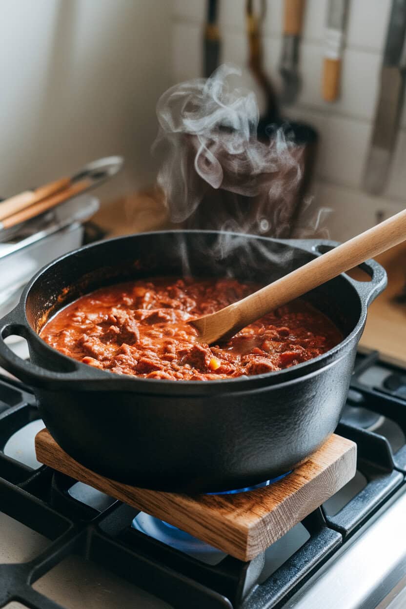 An indoor stovetop scene with a cast-iron pot of rich beef chili, a wooden ladle resting inside, steam swirling upward. No text or logos; photo only.