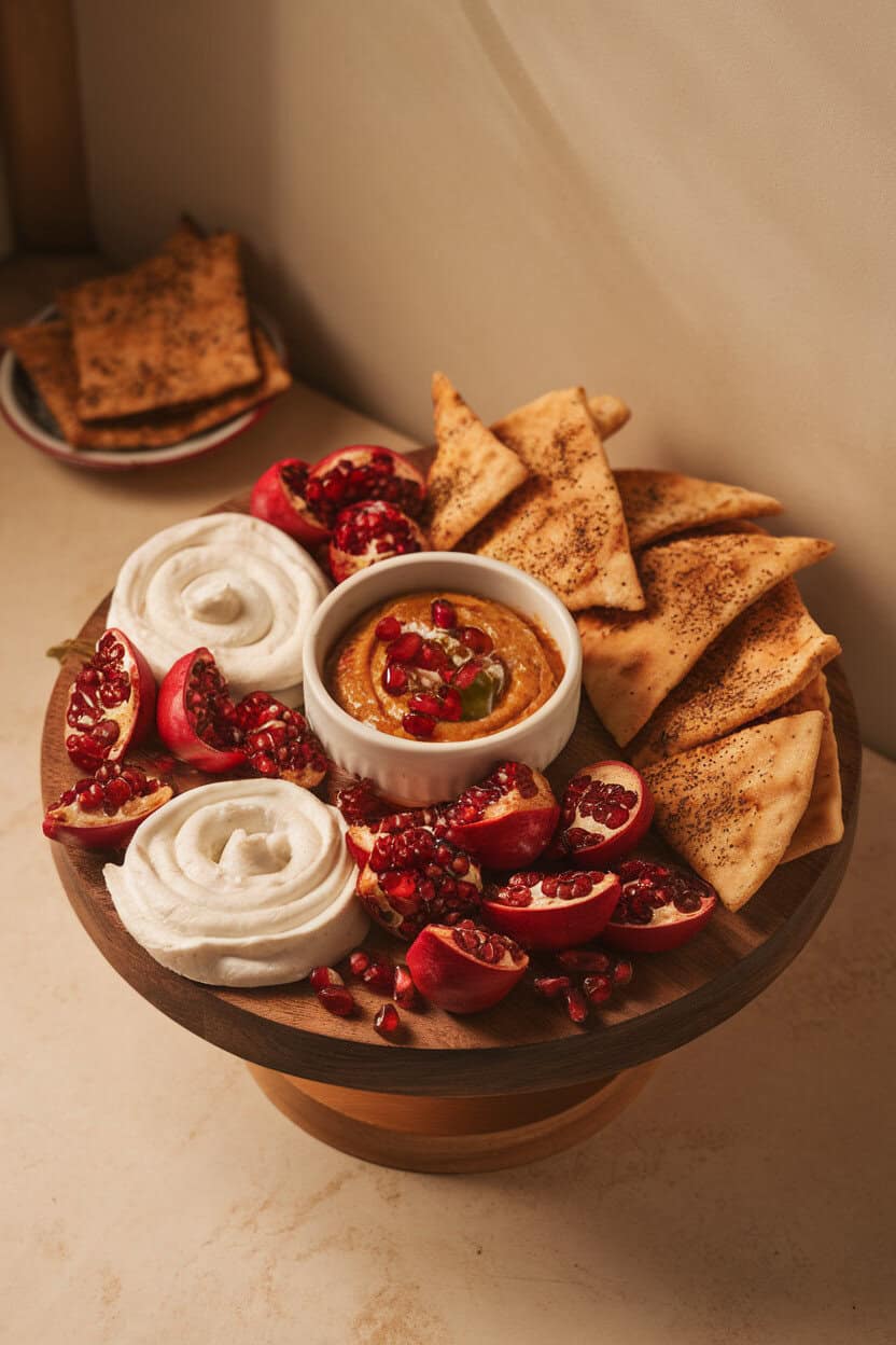 Indoor shot of a board packed with muhammara dip, labneh swirls, za’atar pita chips, spicy merguez slices, and pomegranate arils, warm ambient light, no text.