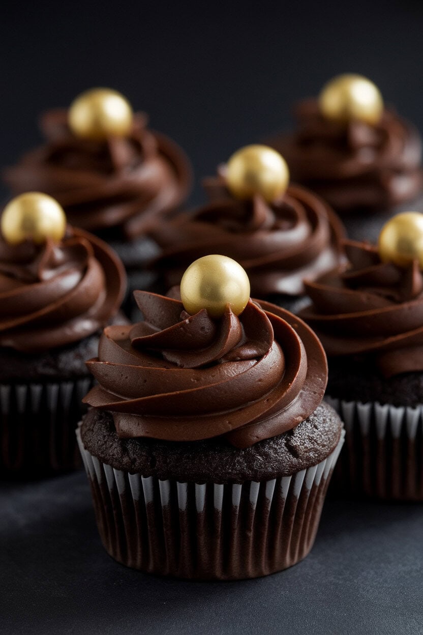 Indoor photo of rich dark chocolate cupcakes with glossy ganache and a single gold sugar pearl on top, presented against a dark background for dramatic contrast. No text or logos.