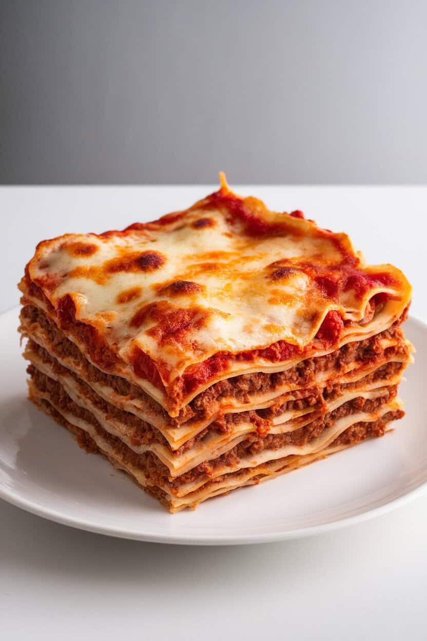 Indoor photo of a square slice of classic beef lasagna on a white plate, layers of noodles, meat sauce, and cheese clearly visible. No text or logos anywhere.
