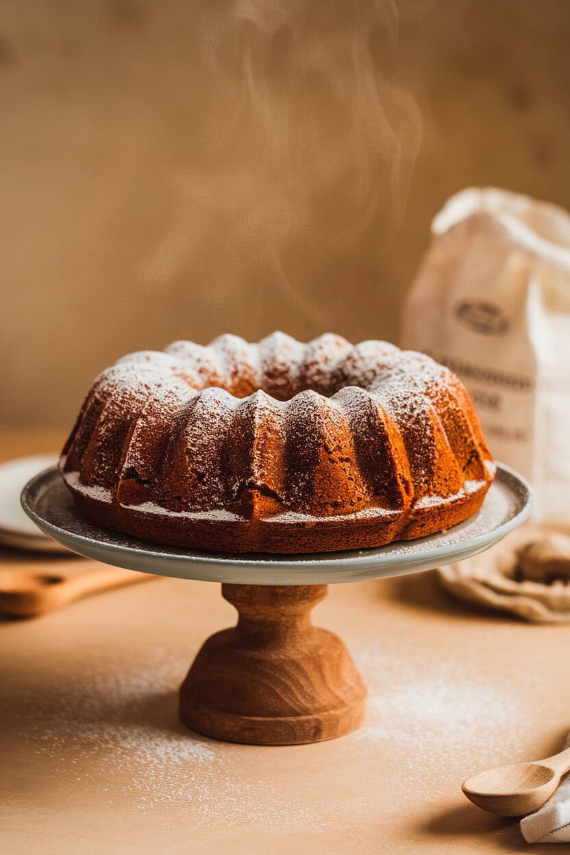 An indoor cake stand holding a gingerbread Bundt cake dusted with powdered sugar, hints of steam rising. No text or logos. Photo, not an illustration.