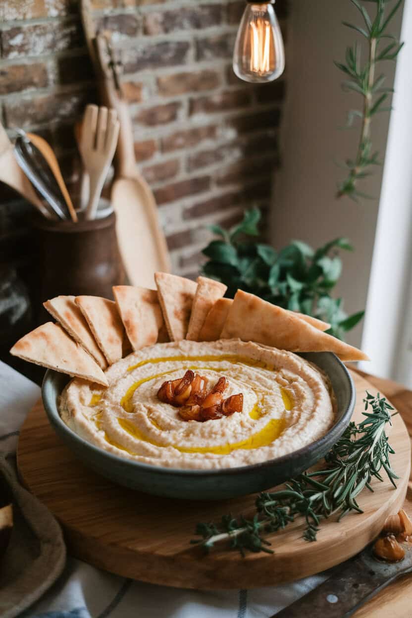 A cozy indoor scene with a shallow bowl of creamy white bean dip swirled with olive oil and roasted garlic cloves on top, accompanied by warm pita triangles. No text or logos. Photo only.
