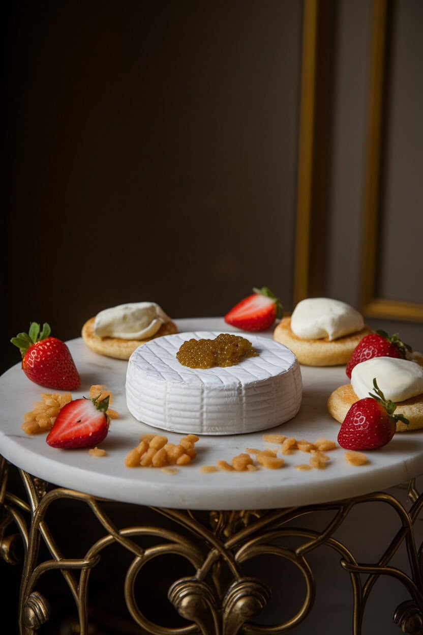 Indoor photo with a marble slab holding triple-cream brie, caviar bumps, buttered blini, strawberries, and candied almonds, elegant soft lighting, no text or logos.