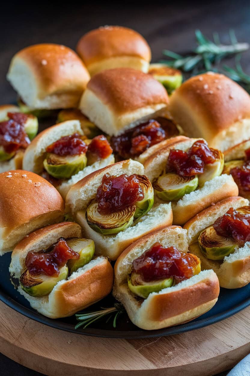 An indoor platter of mini brioche buns filled with seared Brussels sprout halves and glossy bacon jam, arranged neatly. No text or logos in sight. Photo only.