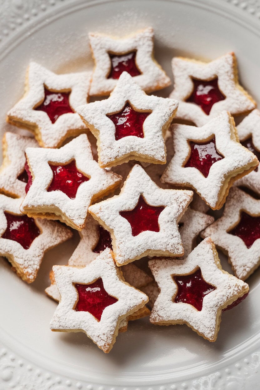 Indoor shot of star-shaped Linzer cookies layered with raspberry jam, sifted with powdered sugar, displayed on a simple white plate. No text, no logos.