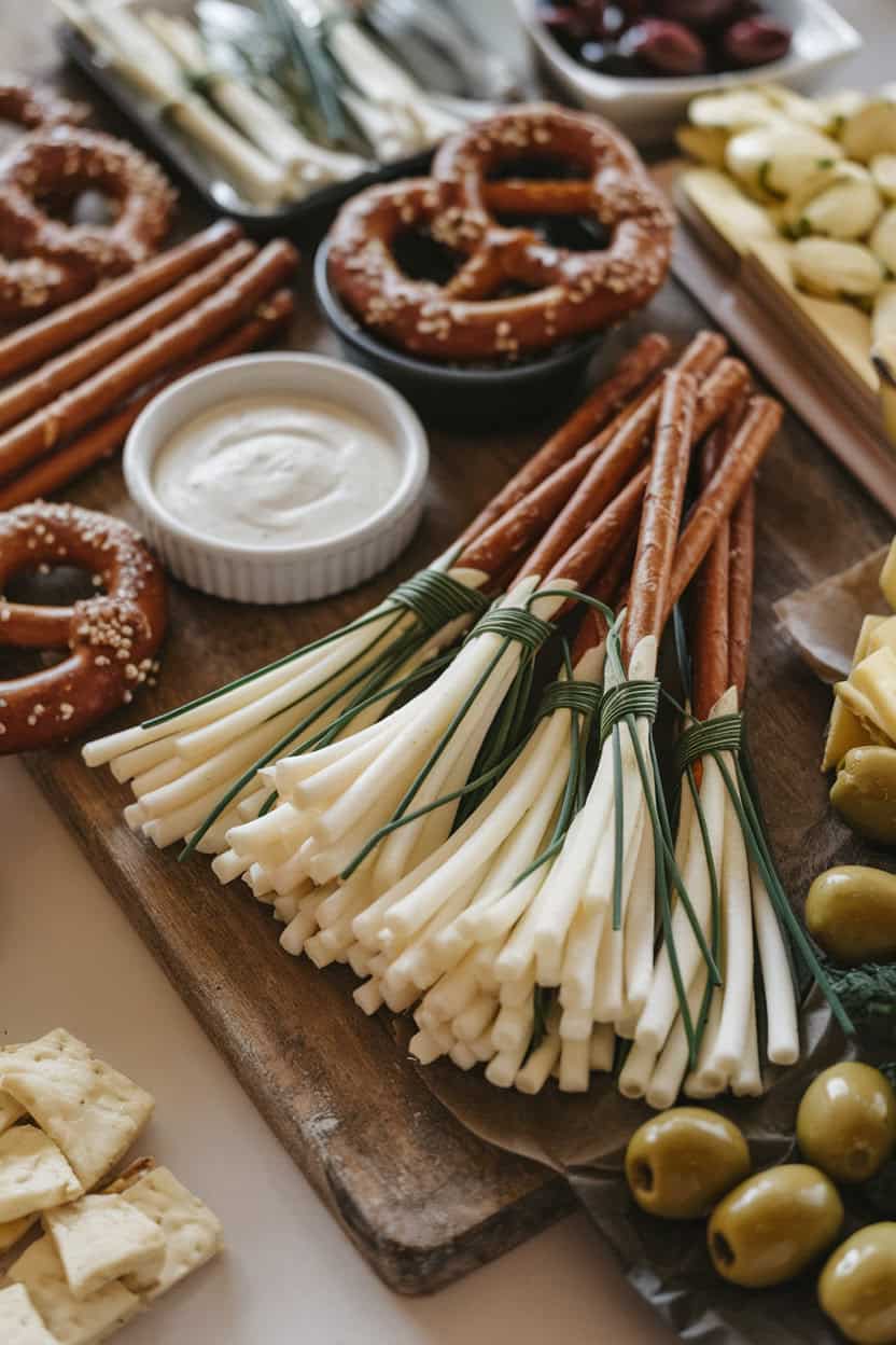 An indoor snack table featuring bundles of thin mozzarella strips tied to pretzel rods with chive “laces,” resembling miniature broomsticks. No text or logos. Photo only.