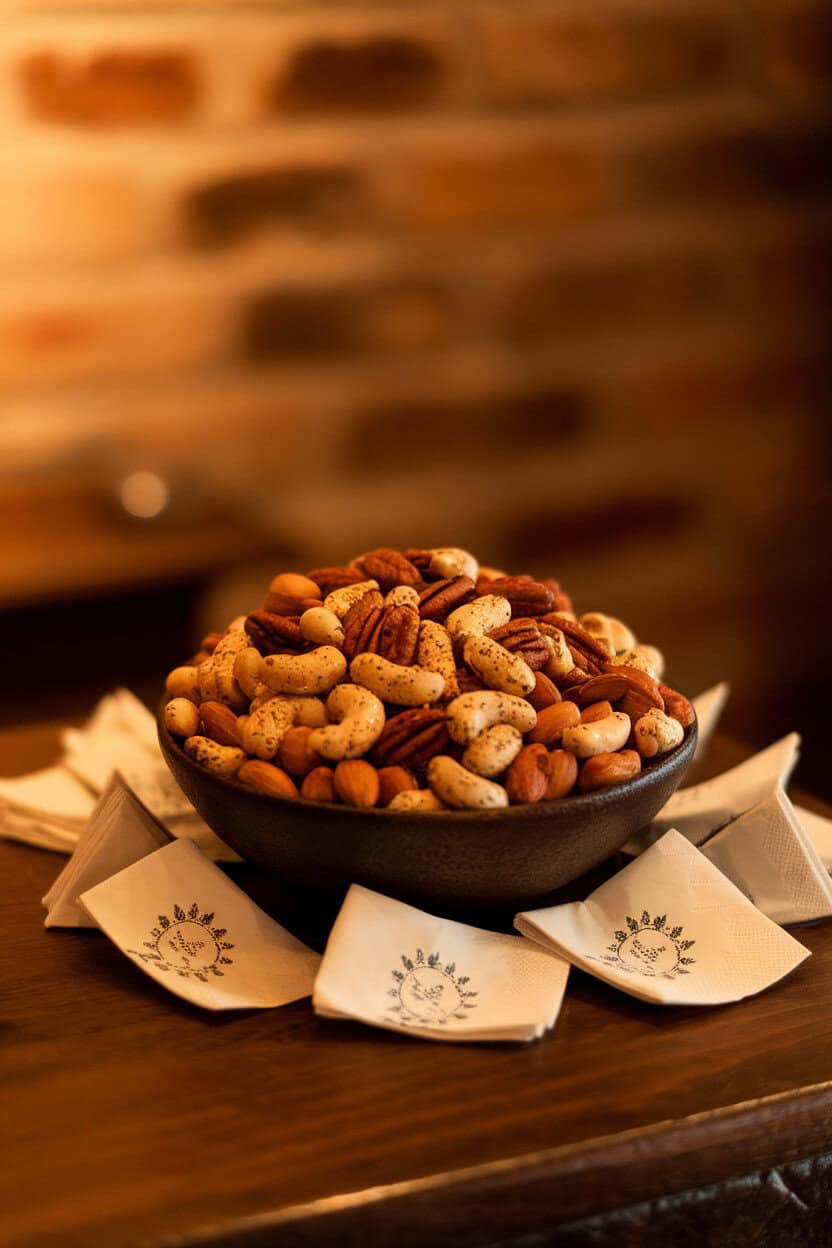 A warmly lit indoor bowl filled with mixed nuts coated in visible herb flecks and spices, surrounded by small cocktail napkins. No text or logos. Photo only.