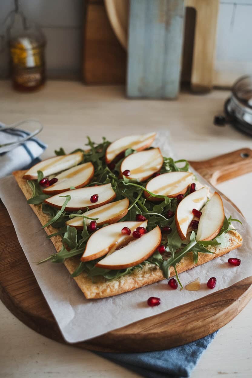 An indoor serving board with a rectangular flatbread topped with Brie slices, thin pear rounds, arugula, and a drizzle of honey. No text or logos. Photo only.