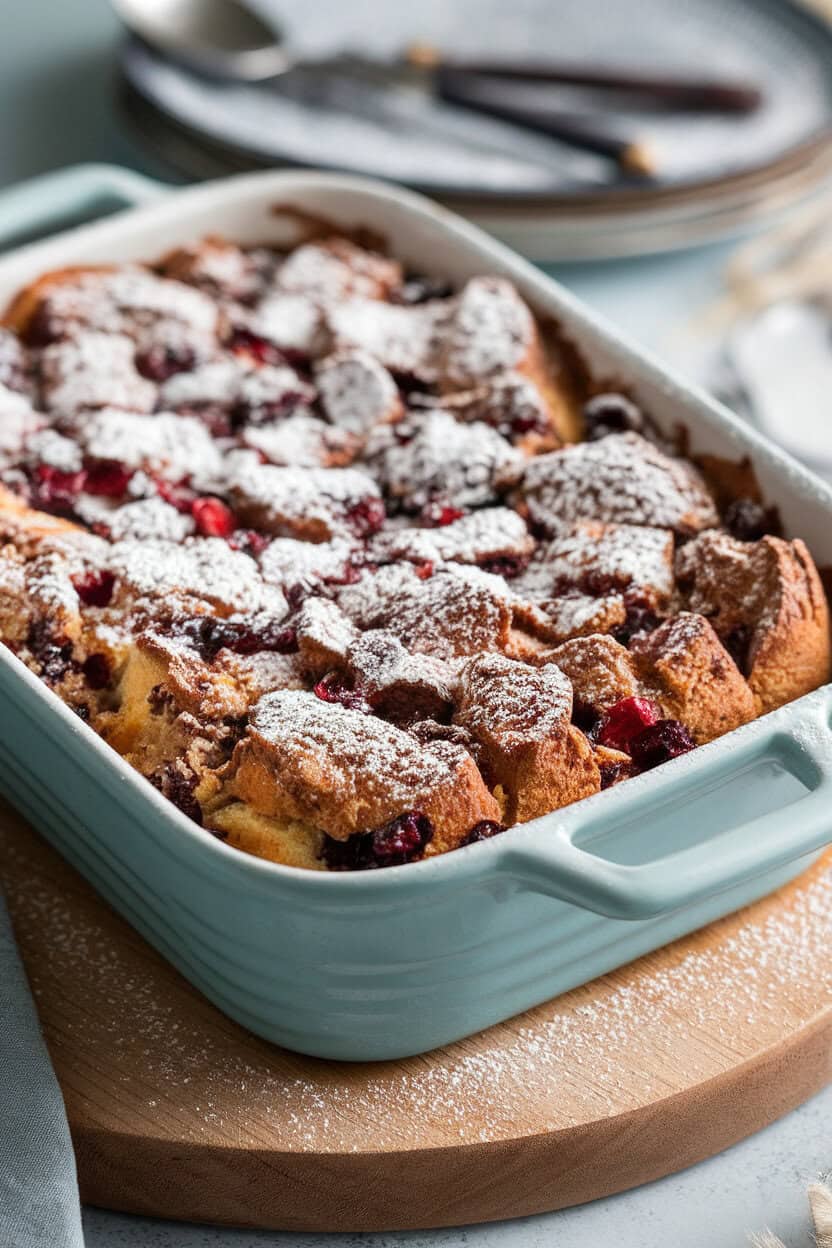 An indoor casserole dish of chocolate cranberry bread pudding, powdered sugar dusted on top. No text or logos.