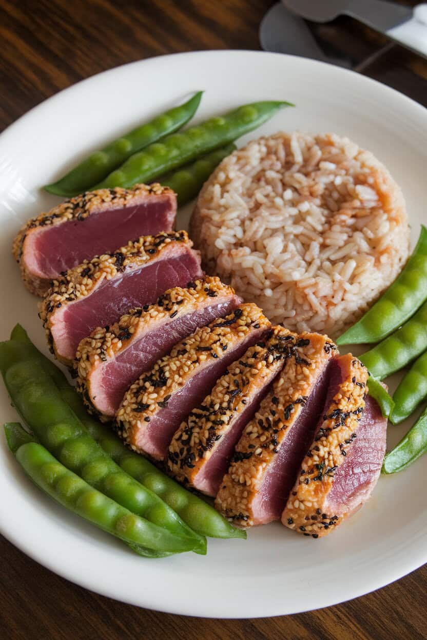 Indoor dining table presentation of sesame-crusted tuna steaks seared medium, sliced, and arranged beside a mound of brown rice and steamed snap peas. No text or logos.