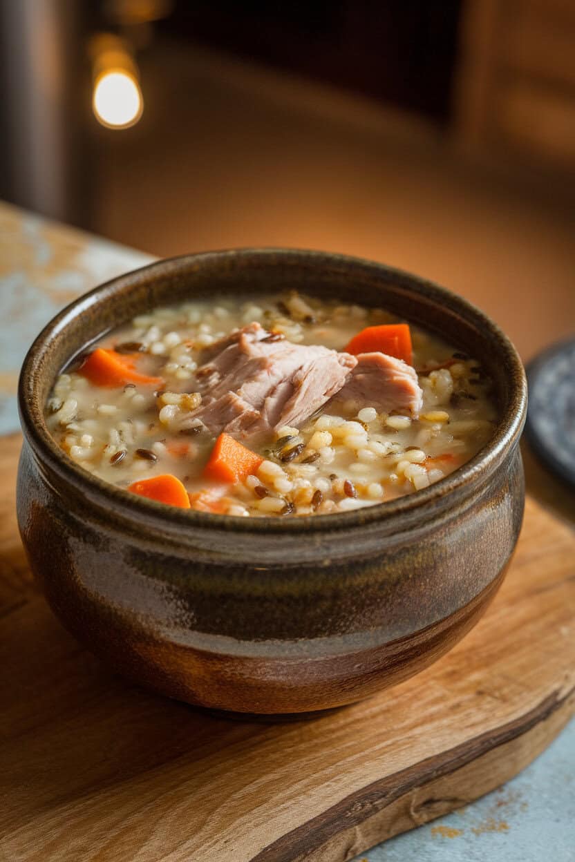 Ceramic soup bowl filled with turkey and wild rice soup, visible chunks of turkey, carrots, and earthy rice grains, indoor lighting, no text or logos.