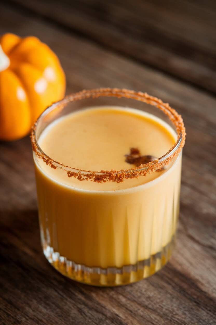 Indoor rocks glass with a cinnamon-sugar rim, creamy orange cocktail inside, tiny pumpkin accent near base. No logos.