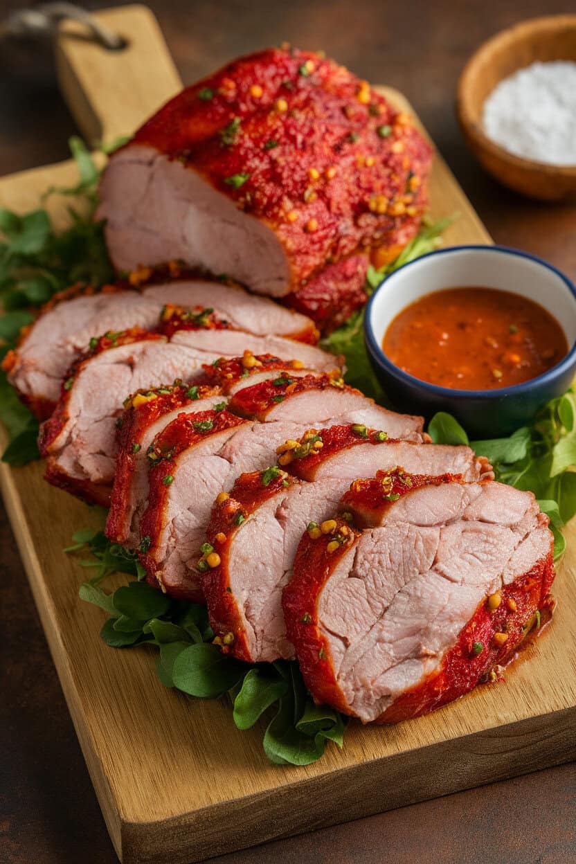 Indoor platter with vibrant red piri piri pork loin slices, small bowl of extra sauce on the side; no logos or text.